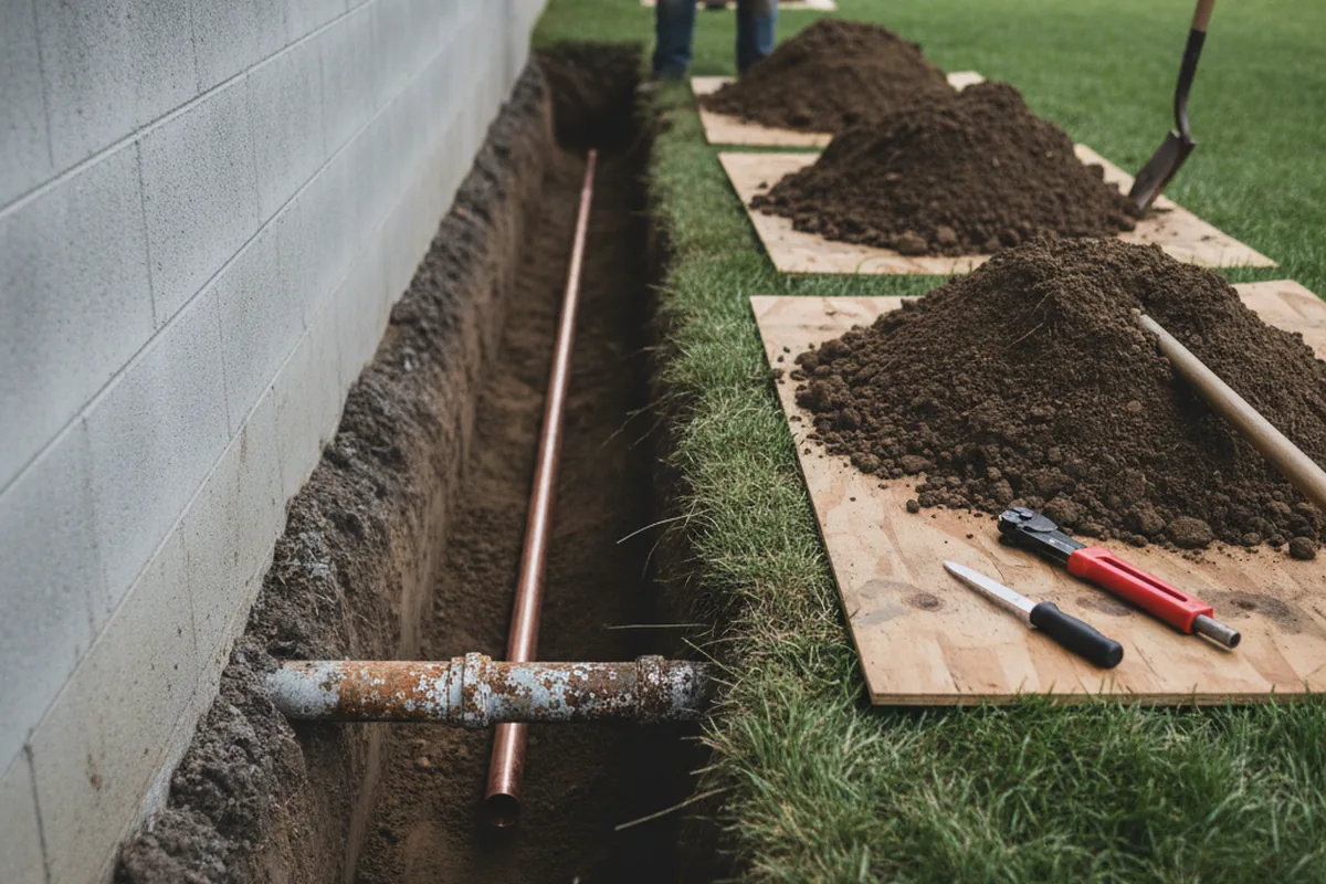 Excavated water line trench during Sewer Line Repair in West Sand Lake